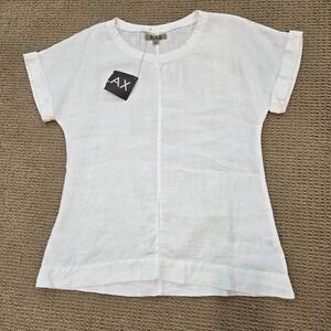 FLAX Womens small White 100% Linen Short Sleeve Cuffed Top Shirt NEW Summer Tee